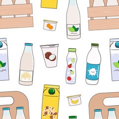 Seamless pattern of milk, dairy products and vegan milk alternatives