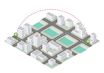 Isometric city map navigation, point markers background, isometry drawing schema, 3D simple city plan GPS navigation, final destination arrow paper city map. Route delivery check point graphic