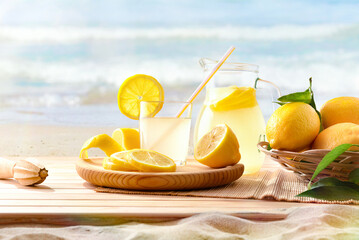 Freshly squeezed lemonade on the beach - obrazy, fototapety, plakaty