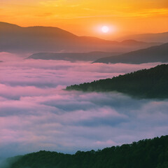 vertical foggy summer landscape, spectacular dawn scenery