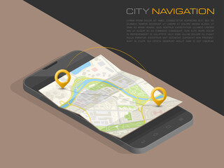 Isometric City map smartphone navigation, Isometry phone point marker, app schema isometric city plan GPS navigation tablet, itinerary destination arrow paper app city map. Route isometric check point