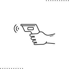 hand holding an Infrared thermometer, temperature measurement vector icon in outline 