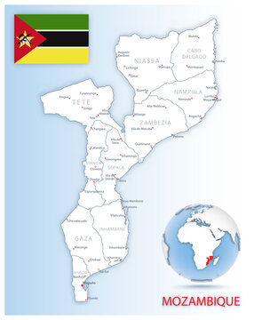 Detailed Mozambique administrative map with country flag and location on a blue globe.