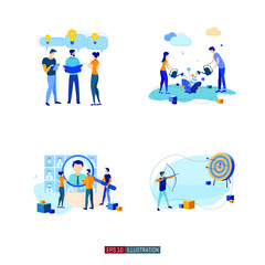 Trendy flat illustration set. Teamwork metaphor concept. Office workers planing business mechanism, analyze business strategy and exchange ideas. Template for your design works. Vector graphics.