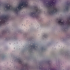Seamless rain drop water repeat pattern on blur. High quality illustration. Realistic digital render of water droplets and drips on a blurred out pattern background. Pure water with light refraction.