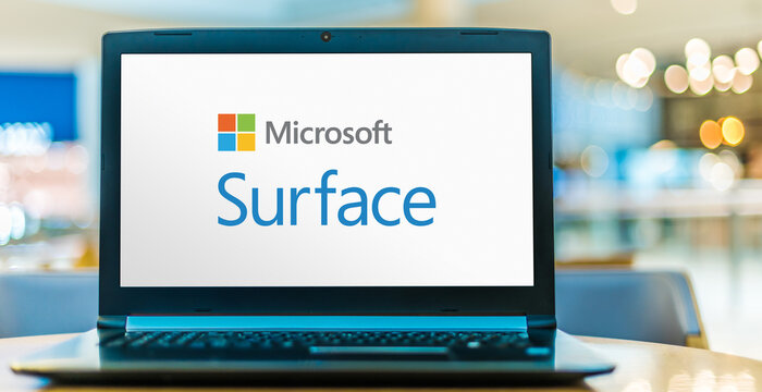 Laptop computer displaying logo of Microsoft Surface