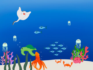 Fototapeta na wymiar Deep sea creature of the deep ocean. Illustration of the sea. Marine habitats and the beauty of coral reefs. There are anemones, fish, octopus, Jellyfish, turtle, crabs and Stingray.