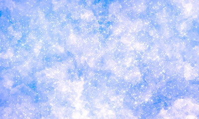 festive magical shining blue background with many small sparkles on spotted abstract watercolor background