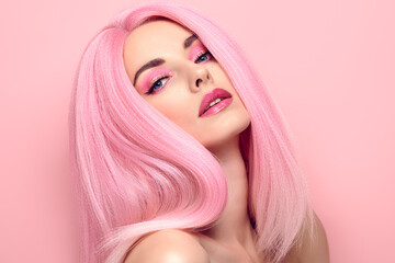 Beauty Fashion woman with Colorful Pink Dyed Hair. Girl with blue eyes, perfect Makeup and...