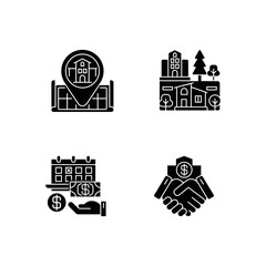 Obraz premium Commercial deal for realty black glyph icons set on white space. Real estate. House location on map. Home position. Suburb neighborhood. Silhouette symbols. Vector isolated illustration