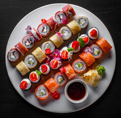 set of sushi roll with salmon, avocado, cream cheese, cucumber, rice, caviar, eel, tuna in plate on black wooden table