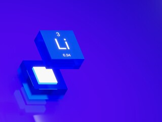 Lithium symbol element from the periodic table blue glass cube orthographic view