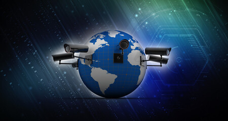 Fototapeta premium 3d rendering Surveillance CCTV Security Camera connected globe 