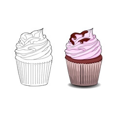 Coloring book page. Cupcakes, cake. Sketch and color version cupcake. Cupcake with chocolate. Coloring for kids. Vector illustration.