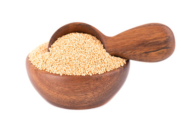 Amaranth seeds in wooden bowl and spoon, isolated on white background. Organic dry raw amaranth beans.