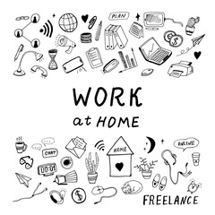 Set of doodls work at home. Work at home concept. Set of drawings black and white. Flexible, home bases, part time job. Doodle illustration for web banners, hero images, printed materials.