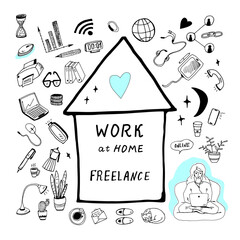Set of doodls work at home. Woman freelancer, sitting cross-legged, works for computer remotely from home. Flexible, home bases, part time job. Doodle illustration for web banners.