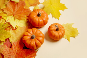Colored maple leaves and pumpkins on a colored background. Autumn layout. Holiday card template