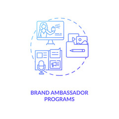 Brand ambassador programs concept icon. Influencer marketing agency service idea thin line illustration. Product and brand representation. Advertising tool. Vector isolated outline RGB color drawing