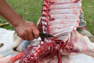 a butcher cuts an animal carcass into meat for eating with a knife
