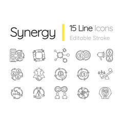 Synergy linear icons set. Business project. Financial operation. Interpersonal relationship. Customizable thin line contour symbols. Isolated vector outline illustrations. Editable stroke