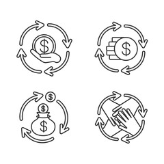 Financial synergy linear icons set. Money flow. Invest in business. Financial operation. Customizable thin line contour symbols. Isolated vector outline illustrations. Editable stroke