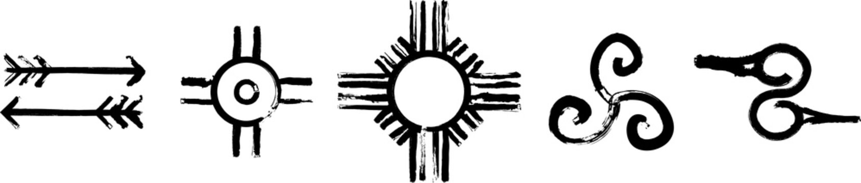 Most popular Native American Symbols. Symbols of War, Happy, Sun, Homecoming, and Hand. Set of the ancient symbols. Black ink handwriting. Vector