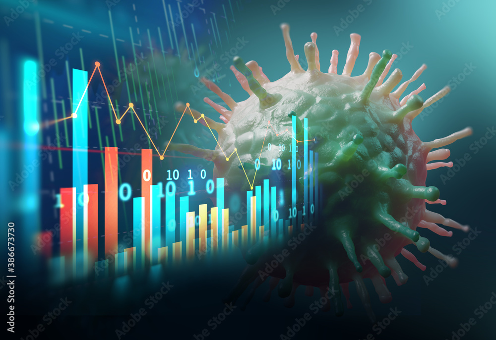 Wall mural down trend financial graph on ncov corona virus microscope image ,3d illustration