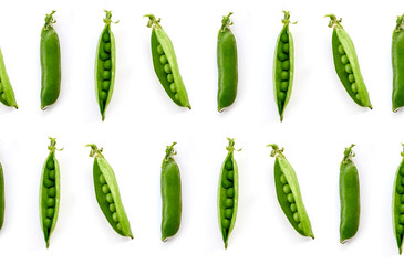 Flat lay natural light green snap peas pattern isolated on white background. High quality photo