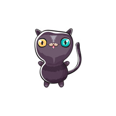 cute black halloween cat isolated on white background. Cartoon happy black witch kitten with big eyes
