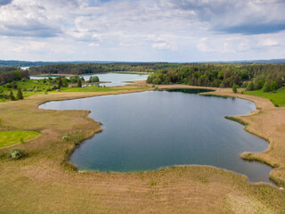 Aerial view of two large lakes agains the sky with clouds