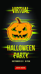 virtual halloween party invitation glitch style vector illustration