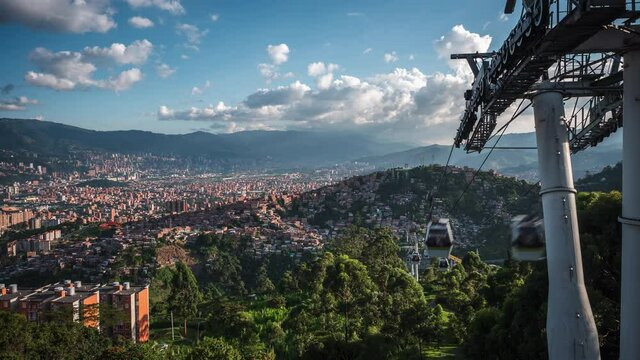 Daytime time lapse view of metro cable car public transit system in Medellin, Antioquia Department, Colombia.