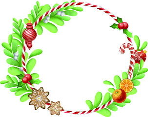 Christmas round vector greeting card. With Christmas toys, gingerbread, Christmas trees, gifts and berries, gingerbread house. Design for a holiday leaflet or banner.