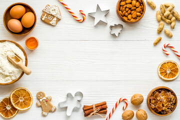 Fototapeta na wymiar Food frame of Christmas gingerbread cookies, top view
