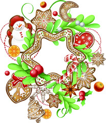 Christmas round vector greeting card. With Christmas toys, gingerbread, Christmas trees, gifts and berries, gingerbread house. Design for a holiday leaflet or banner.