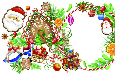 Christmas round vector greeting card. With Christmas toys, gingerbread, Christmas trees, gifts and berries, gingerbread house. Design for a holiday leaflet or banner.