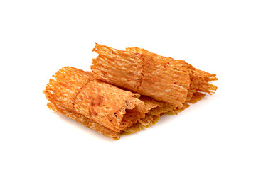 sweet and spicy crushed dried squid isolated on white background