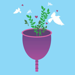 Menstrual cup and leaves isolated as concept of eco menstruation, feminine hygiene, flat vector stock illustration with menstruation and doves