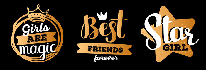 Set of beautiful vector girly handwritten shine golden color inscription on black background.