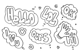 Handdrawn arrows, borders set with handwritten text:hello,lol,ok,oops,hi. Vector icon.