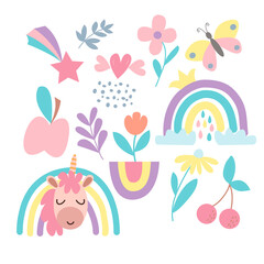 Image with a set of cute cartoon unicorn, rainbow, butterfly, flowers, fruits in vector graphics. For design, prints for children t-shirts, notebook covers, textiles, wrapping paper