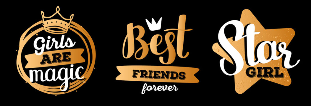 Set of beautiful vector girly handwritten shine golden color inscription on black background.