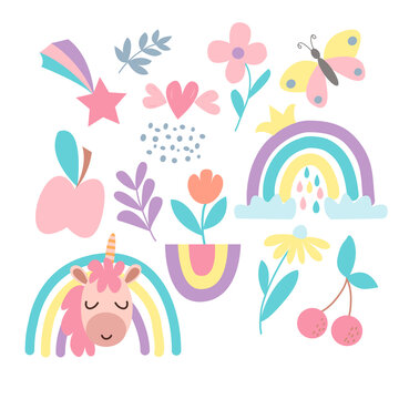 Image with a set of cute cartoon unicorn, rainbow, butterfly, flowers, fruits in vector graphics. For design, prints for children t-shirts, notebook covers, textiles, wrapping paper