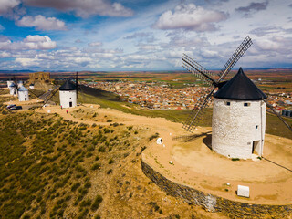 Aerial view of windmills of Consuegra in Castilla-La Mancha, Spain