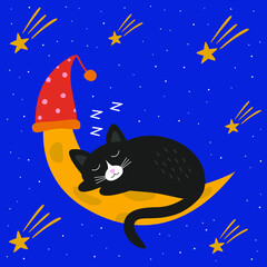 Obraz na płótnie Canvas Сute black cat sleeps on the moon. On a cosmic blue background. Postcard. Doodle flat illustration vector.