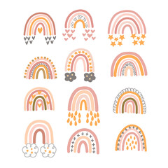 Set of pastel brown rainbows with ornament in vector graphics on a white background. For the design of postcards, posters, prints for children clothing, wrapping paper, notebook covers