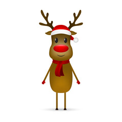 Christmas reindeer with a scarf and a santa claus hat stands on a white background. Vector illustration for a festive design