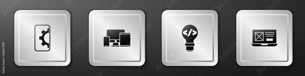 Wall mural set web development, monitor, mobile, tablet, front end and ui ux design icon. silver square button.