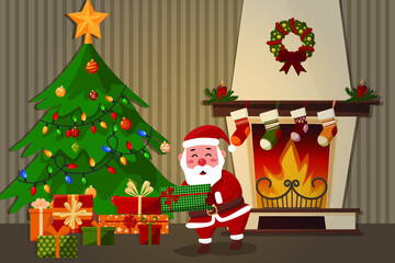 Santa Claus puts a gift under the tree. Fireplace in the background. Vector cartoon illustration.